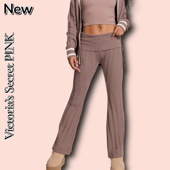 PINK Victoria's Secret Pants - 🔴NWT Victoria’s Secret PINK Collegiate Cable-Knit Foldover Flare Pants – Iced
